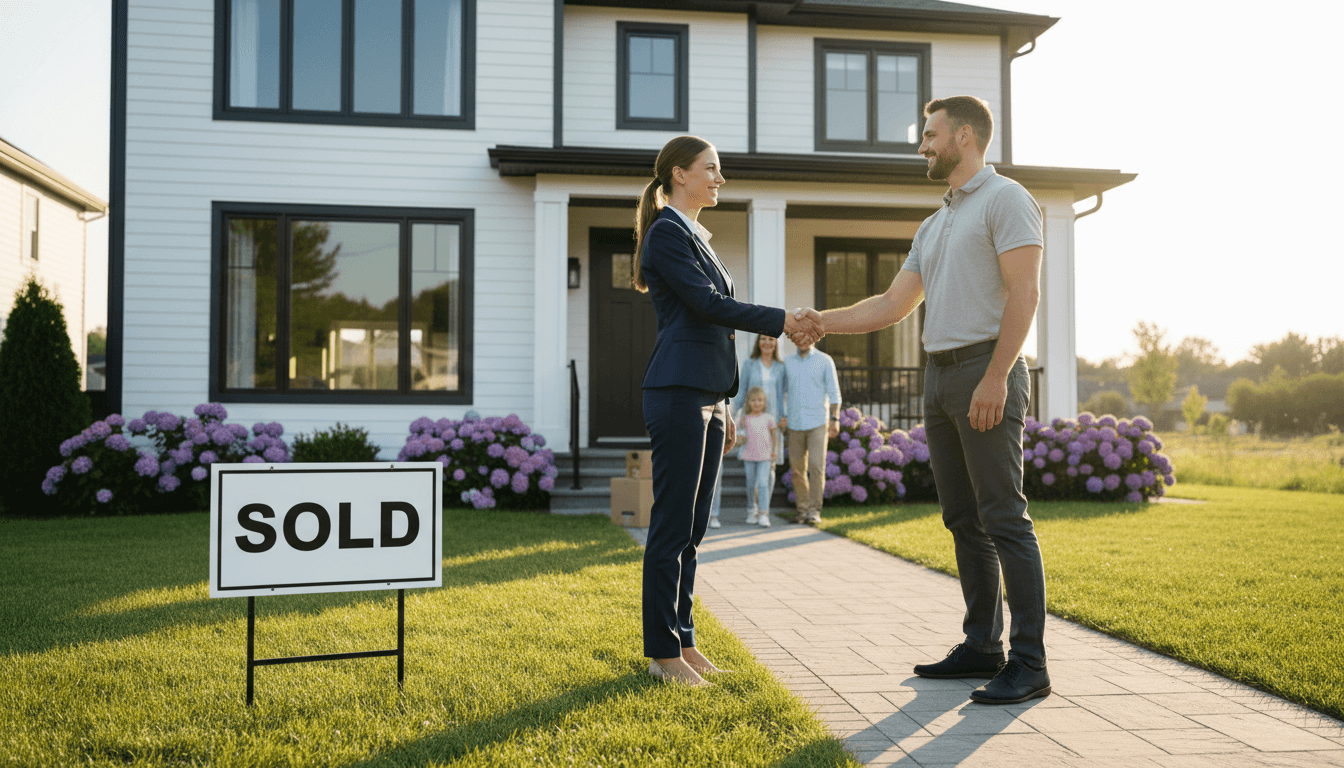 Real estate agent shaking hands with a homeowner in front of their house