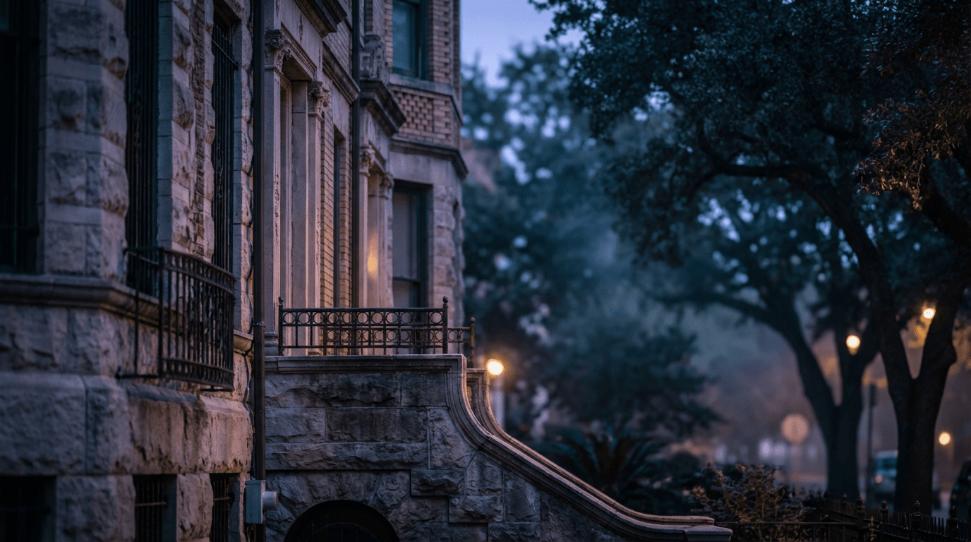Houston homes in the evening with warm lights on