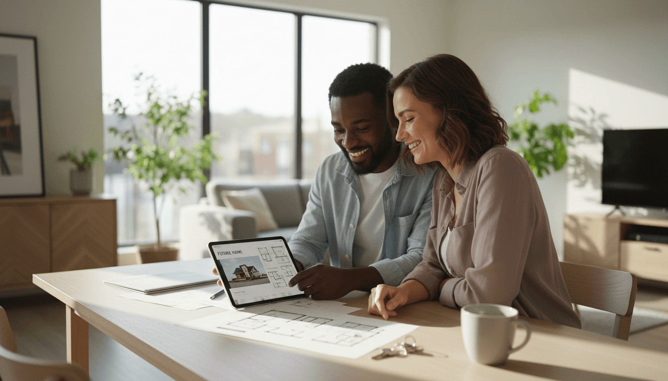 Couple reviewing property listings on a tablet inside a bright Houston home
