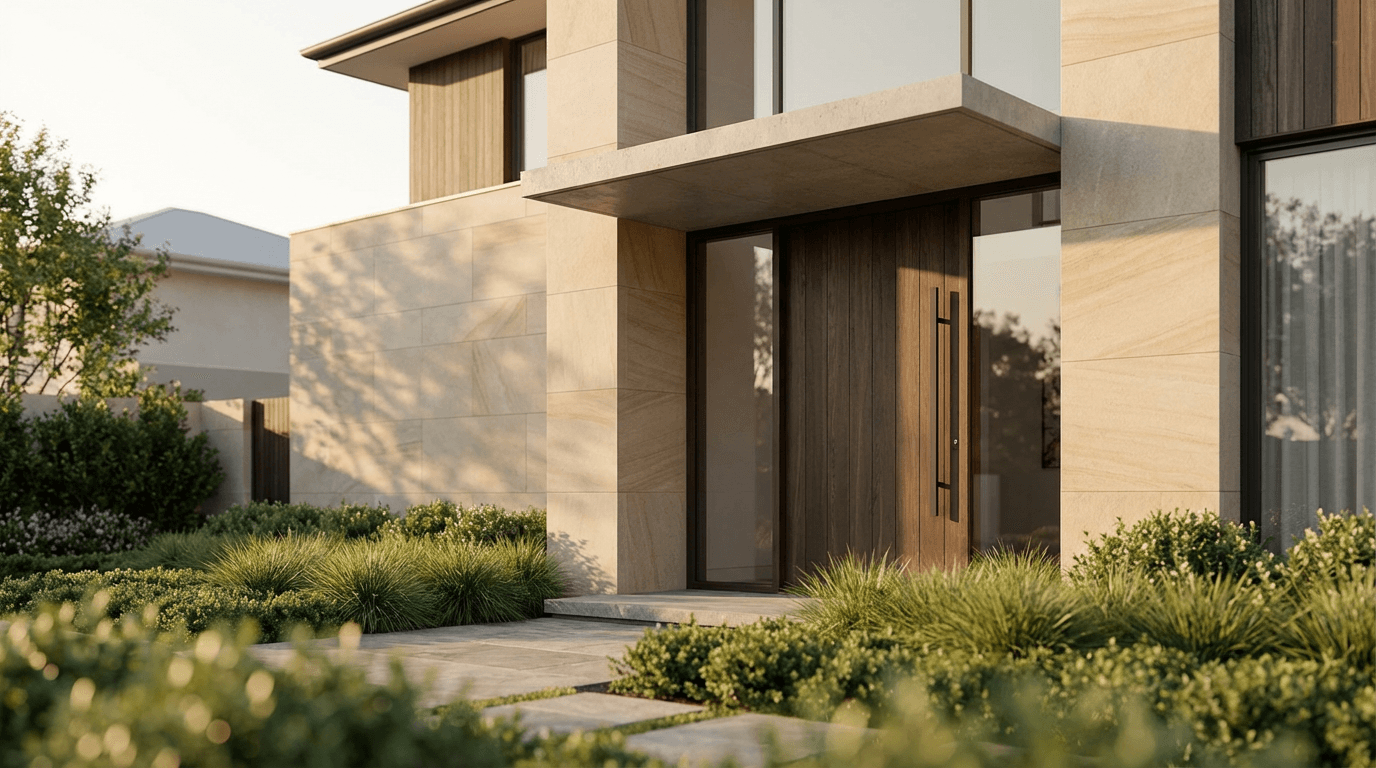 Modern suburban house exterior in Houston at golden hour