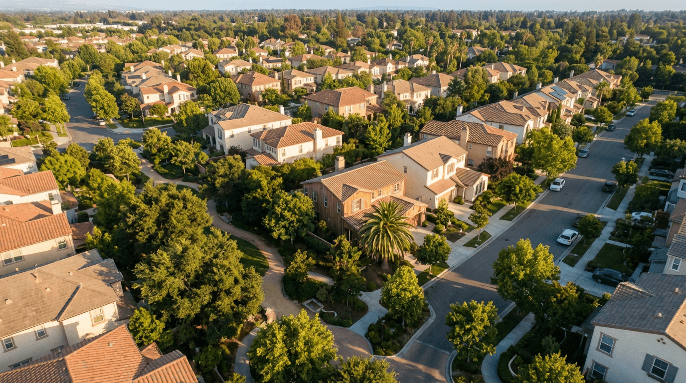 Houston suburban street with a real estate sign at golden hour