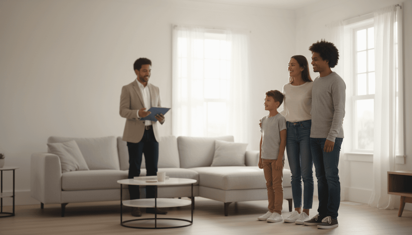 Real estate professional consulting with clients on a Houston street
