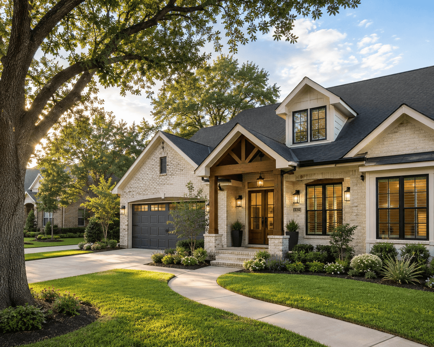 Modern white brick farmhouse with a wooden gabled porch, lush lawn, and curved walkway.